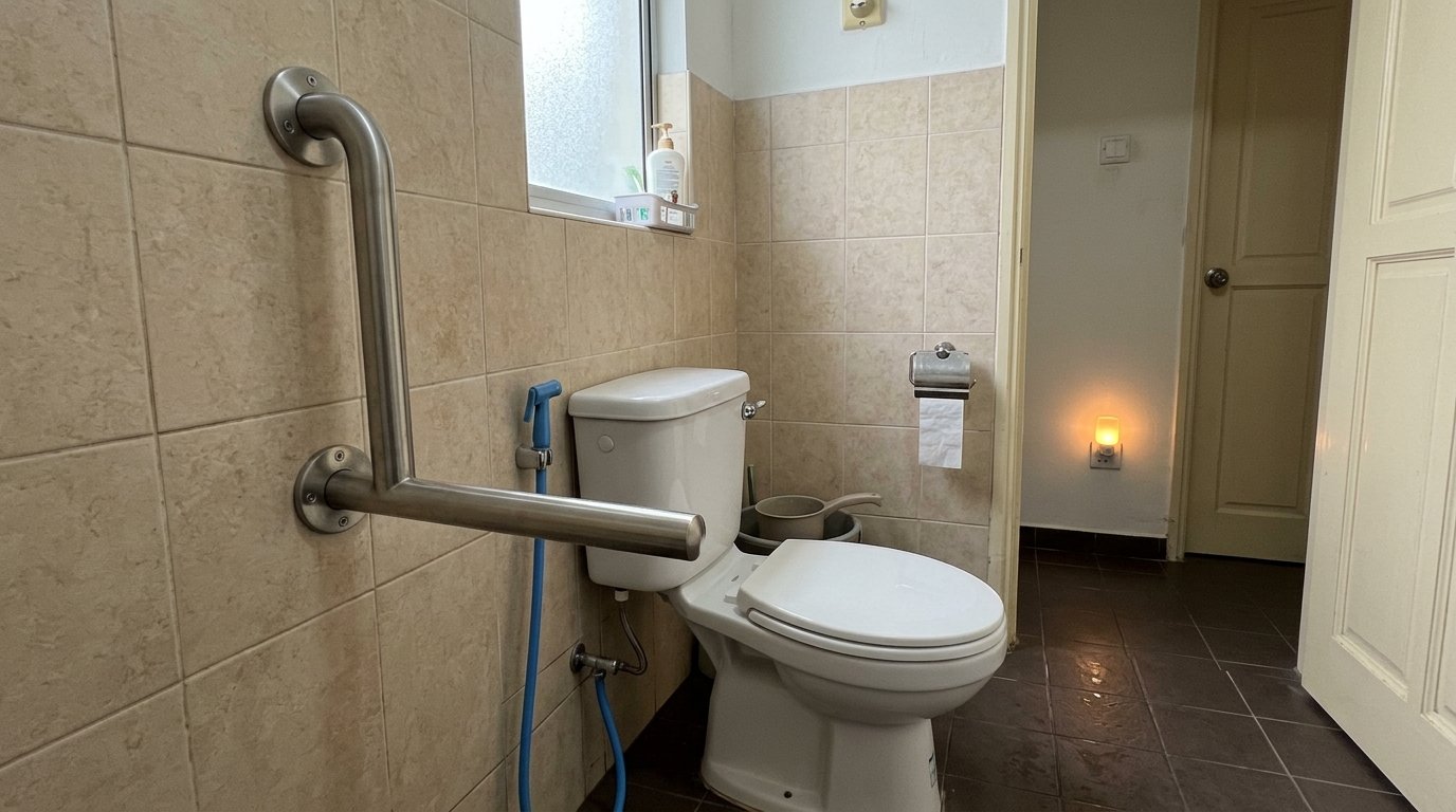 Newly installed stainless steel grab bar on a tiled wall beside a white toilet in a simple Malaysian terrace house bathroom