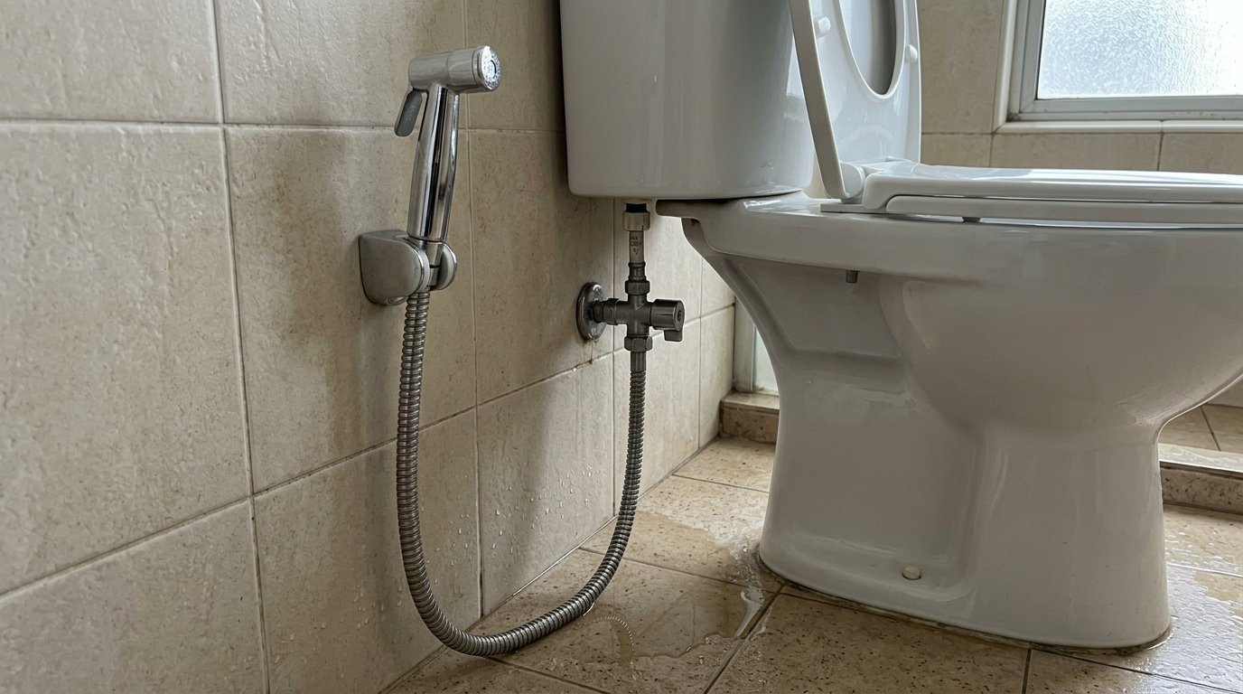 Hand-held bidet spray hanging on its holder beside a toilet in a Malaysian bathroom, with water droplets on the hose and tiled floor