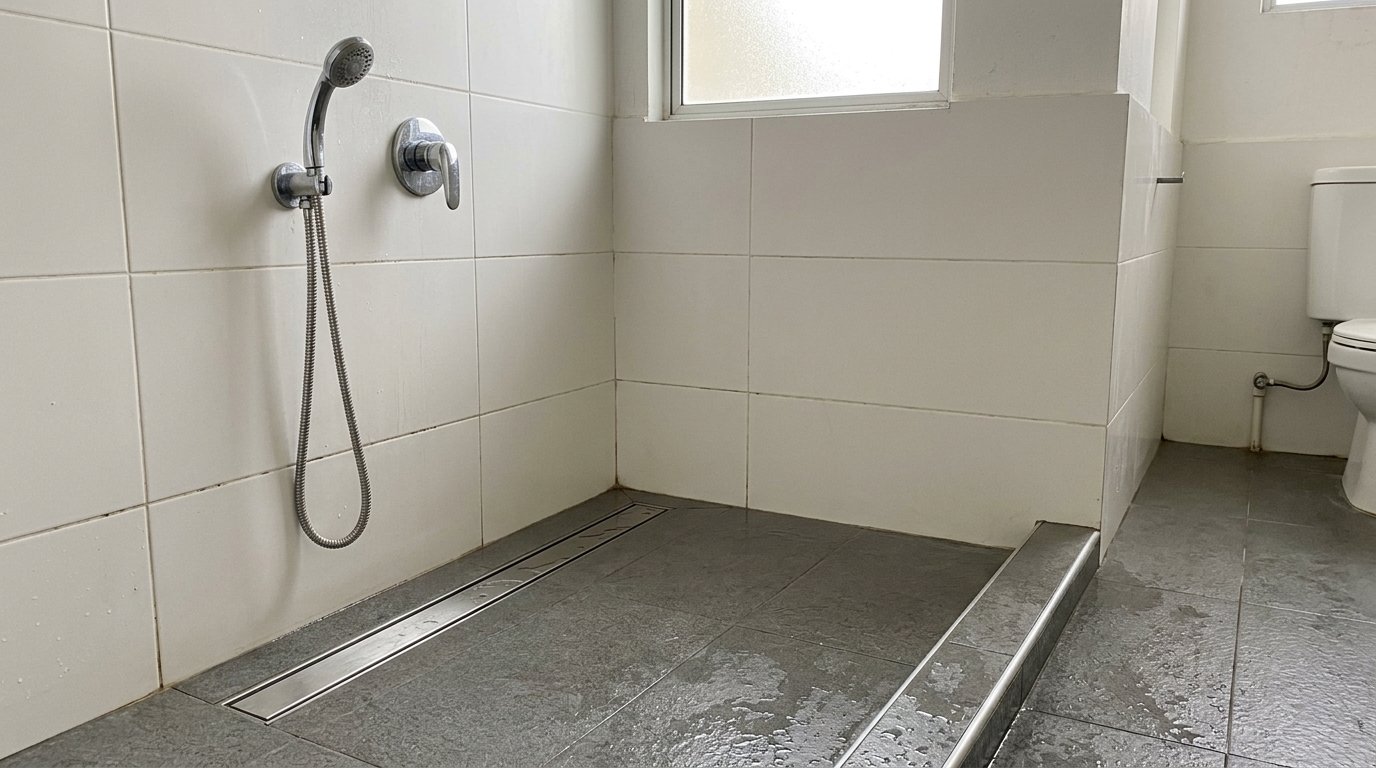Level-entry shower area with a long stainless steel linear floor drain set into grey matt tiles in a Malaysian home bathroom