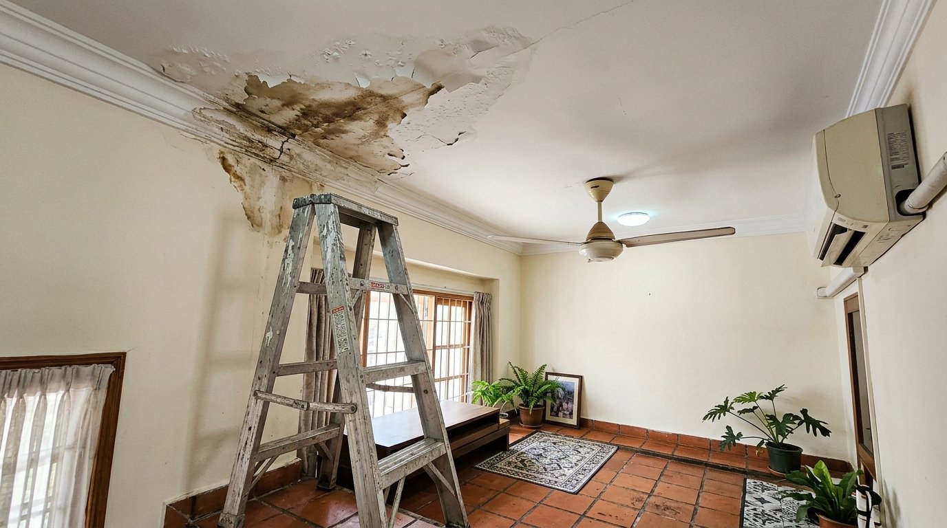 Ceiling of a Malaysian terrace house with bubbling, flaking paint and a brown water stain in one corner