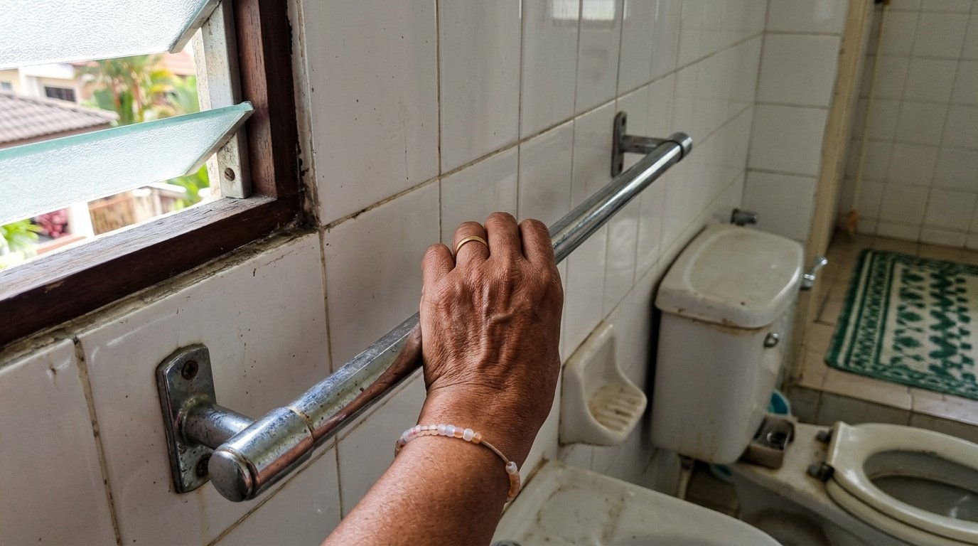 Tangan menggenggam rel tuala krom yang dipasang pada jubin dinding putih di sebelah mangkuk tandas dalam bilik air rumah teres lama di Malaysia