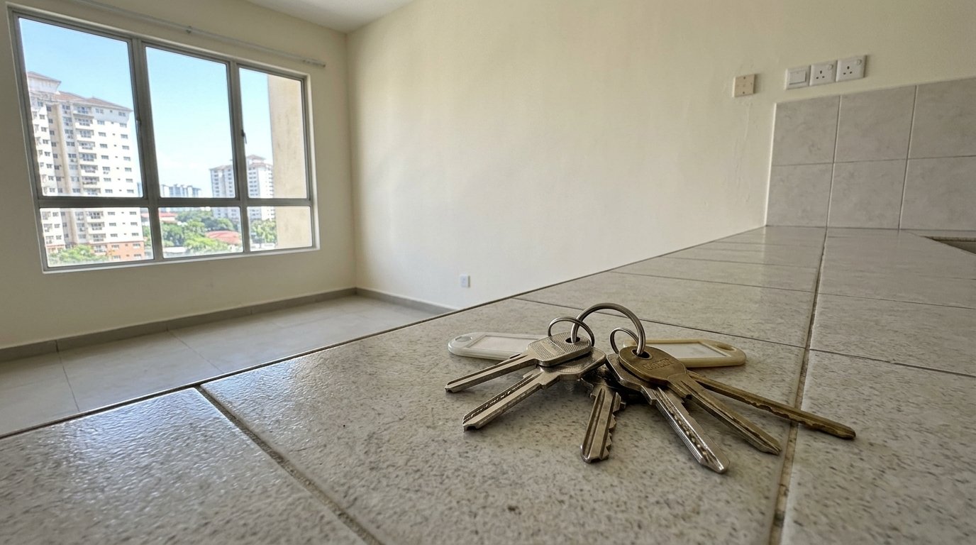 A bunch of house keys resting on a tiled kitchen counter in an empty, freshly painted Malaysian apartment unit with daylight from the window