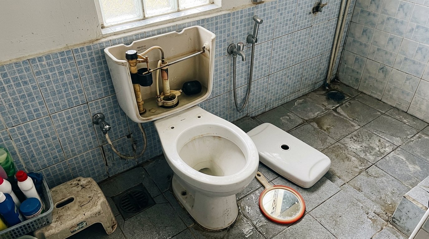 White ceramic toilet with the cistern lid removed showing the float and flush valve inside, in a tiled Malaysian terrace house bathroom