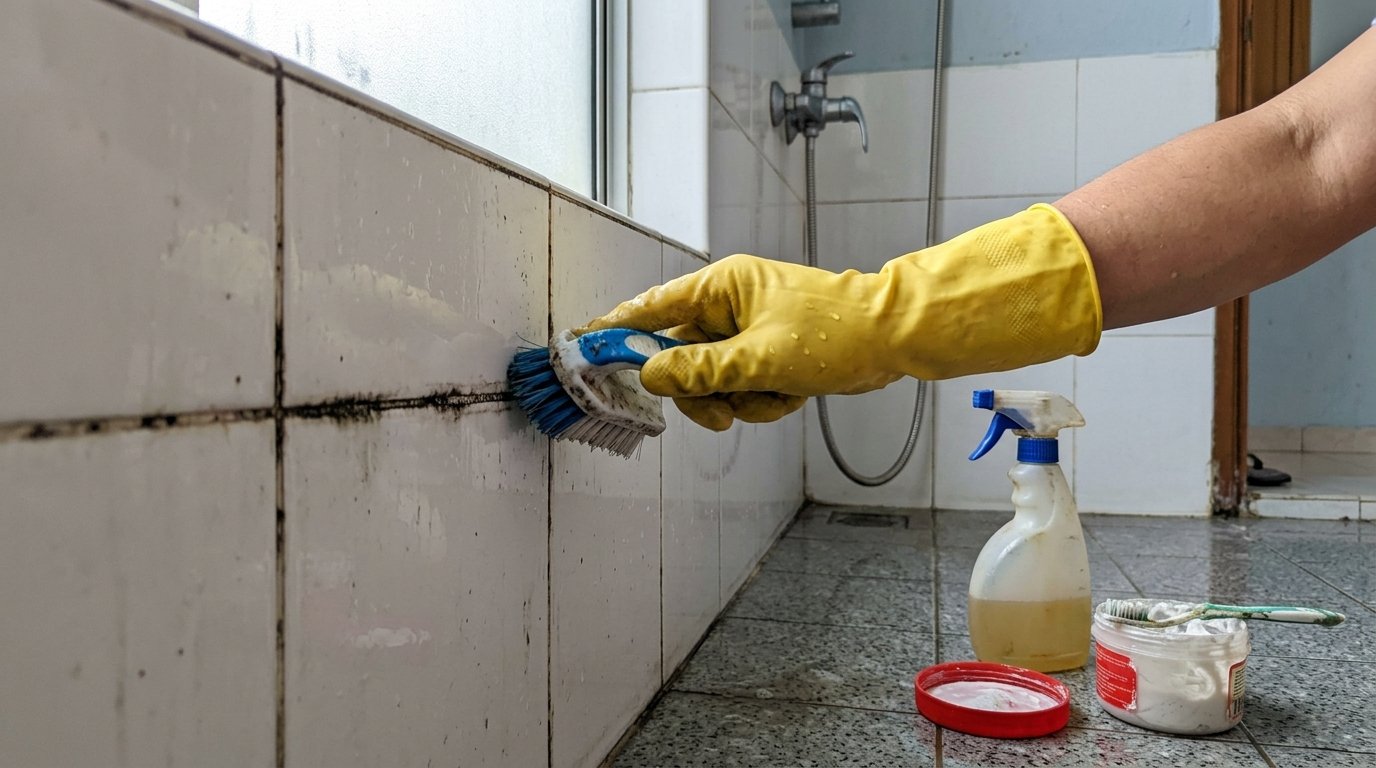 Gloved hand scrubbing blackened grout lines between white wall tiles in a Malaysian bathroom with a stiff brush, with a spray bottle nearby