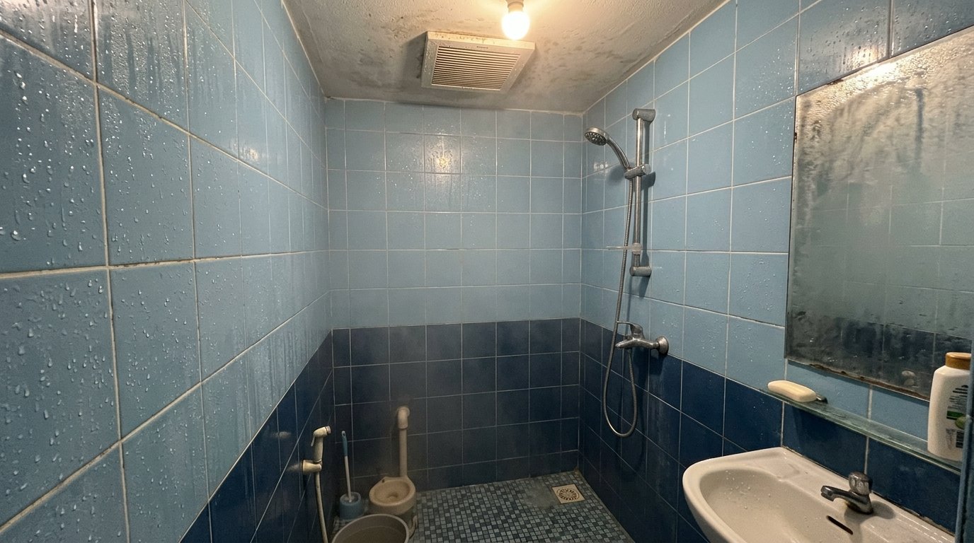 Small windowless tiled bathroom in a Malaysian terrace house with a white exhaust fan grille mounted in the ceiling above the shower area