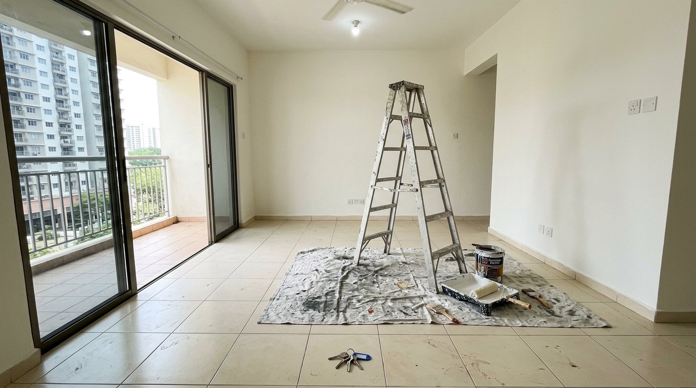 Bahagian dalam unit apartmen Malaysia yang kosong dengan dinding polos dan lantai jubin, tangga lipat dan peralatan mengecat disusun dekat tingkap semasa kerja turnover
