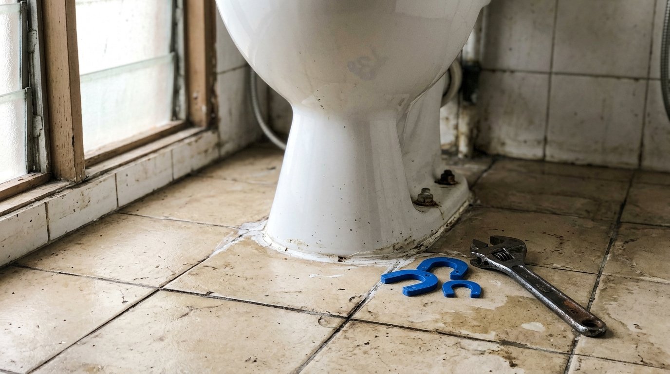 Tapak mangkuk tandas seramik putih di atas lantai jubin lama bilik air rumah teres Malaysia, dengan shim plastik dan spanar diletakkan di lantai sebelahnya