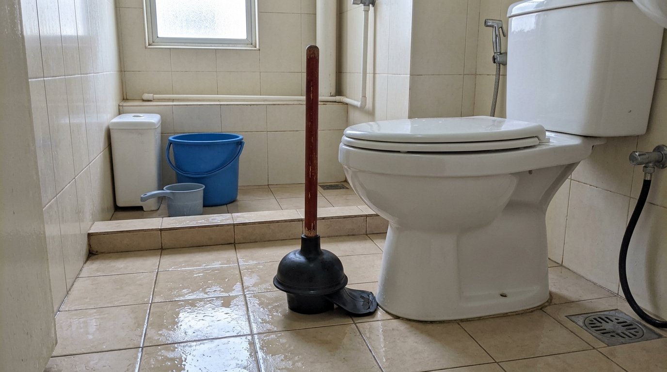 Plunger getah jenis flange di atas lantai jubin di sebelah mangkuk tandas dalam bilik air kecil di Malaysia