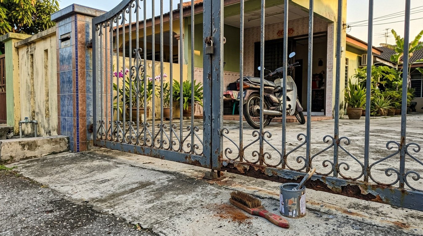 Mild steel gate of a Malaysian terrace house with bubbling paint and rust along the bottom rail, with a wire brush and paint tin on the driveway beside it