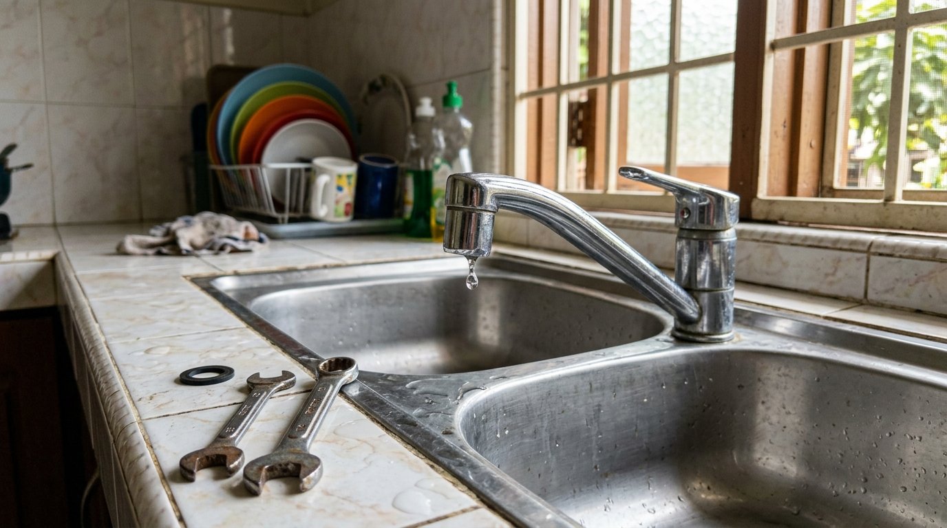 Close-up of a chrome tap over a stainless steel sink in a Malaysian home kitchen, with a water drop forming at the spout and spanners on the counter