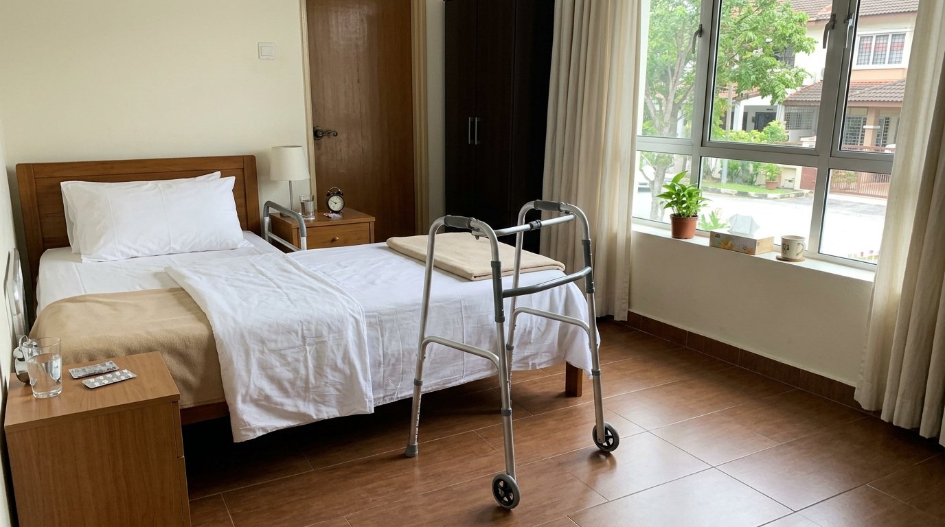 Katil bujang dengan cadar kemas dan walking frame di sebelahnya dalam bilik rumah teres Malaysia yang disediakan untuk ibu bapa pulang dari hospital