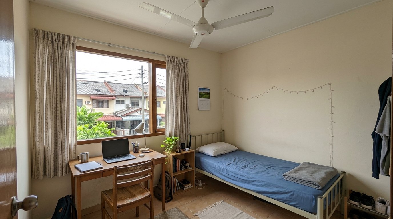 Simple student bedroom in a Malaysian terrace house with a single bed, study desk and chair beside a bright window