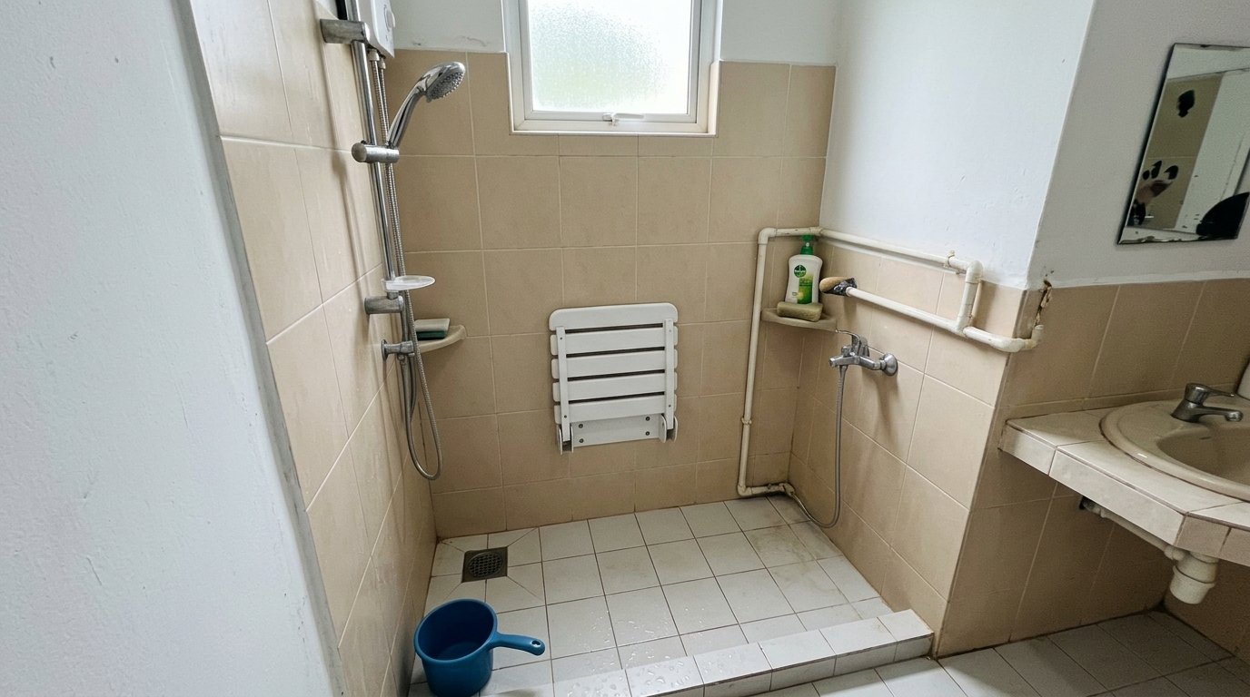 White wall-mounted fold-down shower seat and a handheld shower on a slider rail against beige tiles in a small Malaysian home bathroom