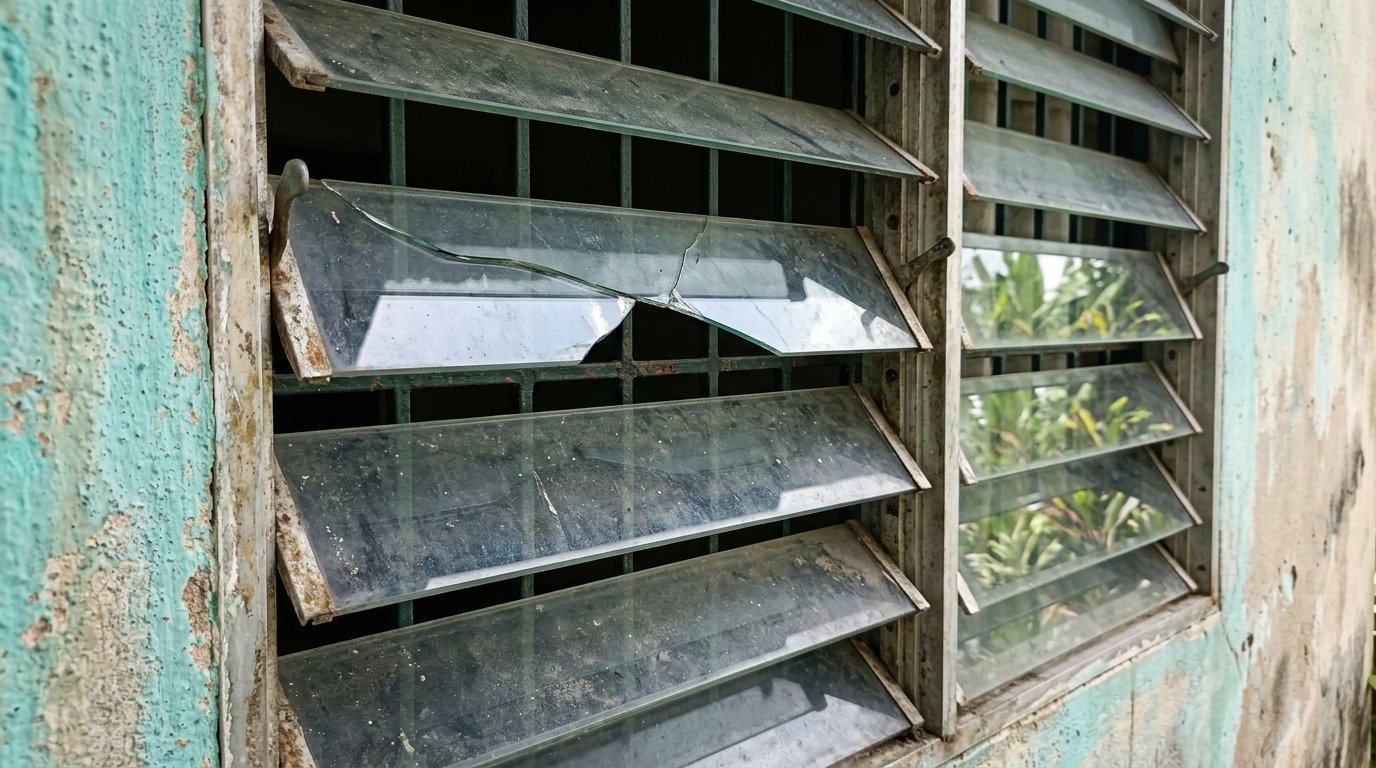 Old aluminium louvre (nako) window with glass blades on a Malaysian terrace house wall