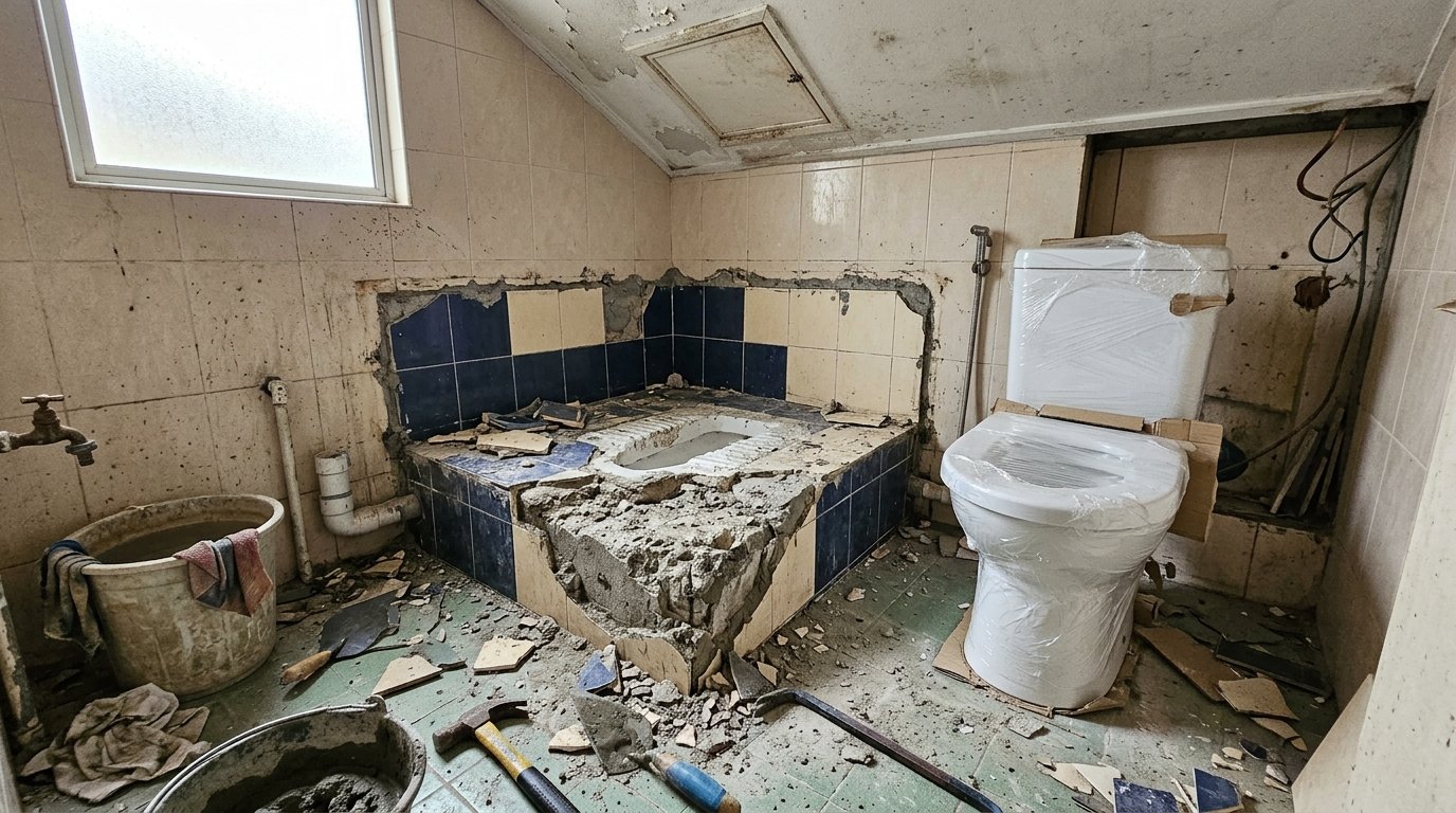 Partially demolished raised squat toilet platform with exposed concrete and removed tiles in a Malaysian terrace house bathroom under renovation